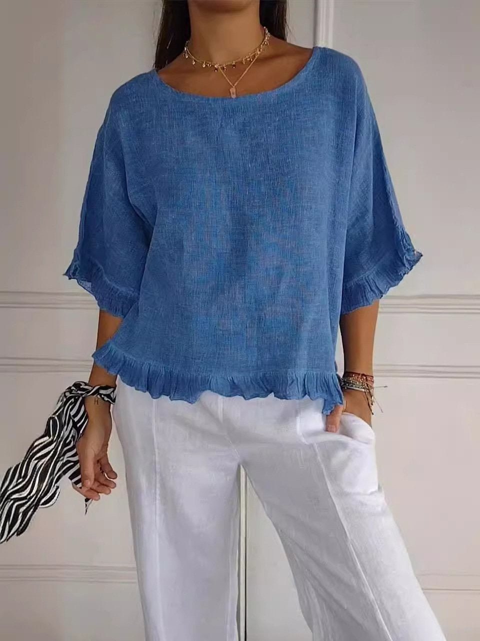 Dames Casual Lichtgewicht Ruffle Detail Blouse - Blue (Almost sold out)