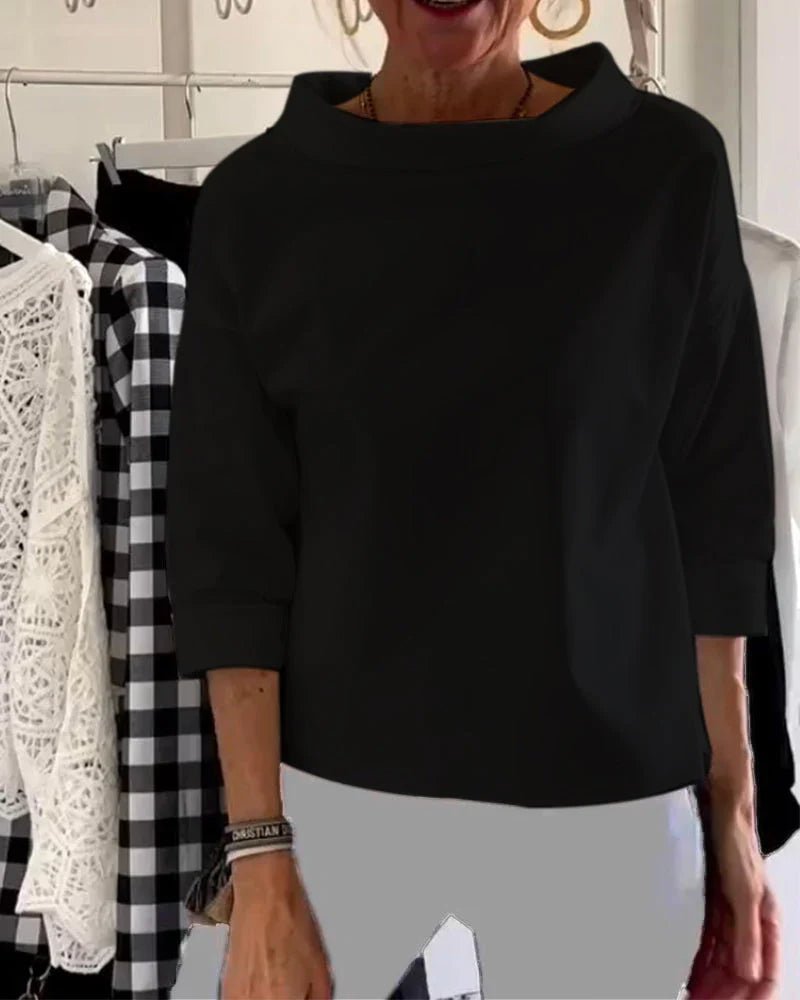 Dames Casual Top met Bateauhalslijn en Driekwartmouwen - Black