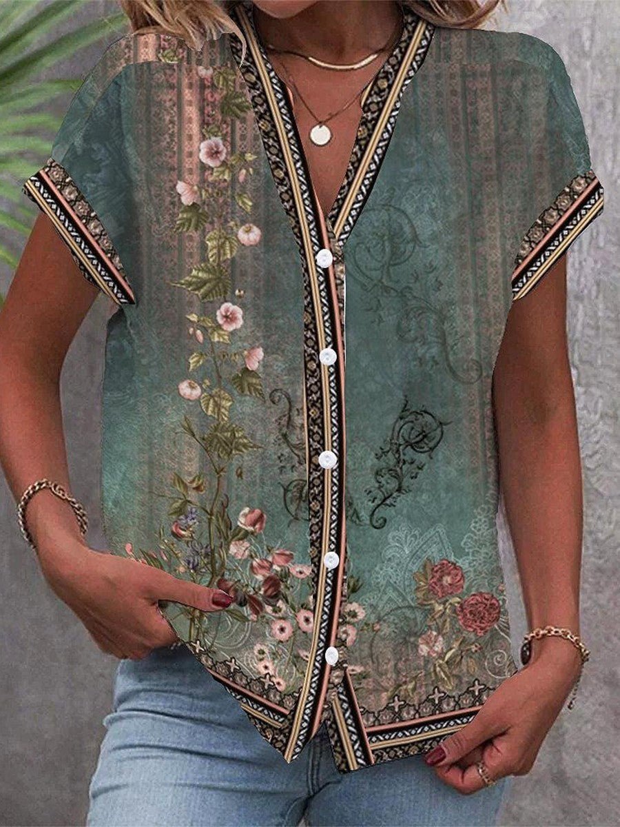 Dames Casual V-hals Bloemenprint Blouse Korte Mouwen - Groen