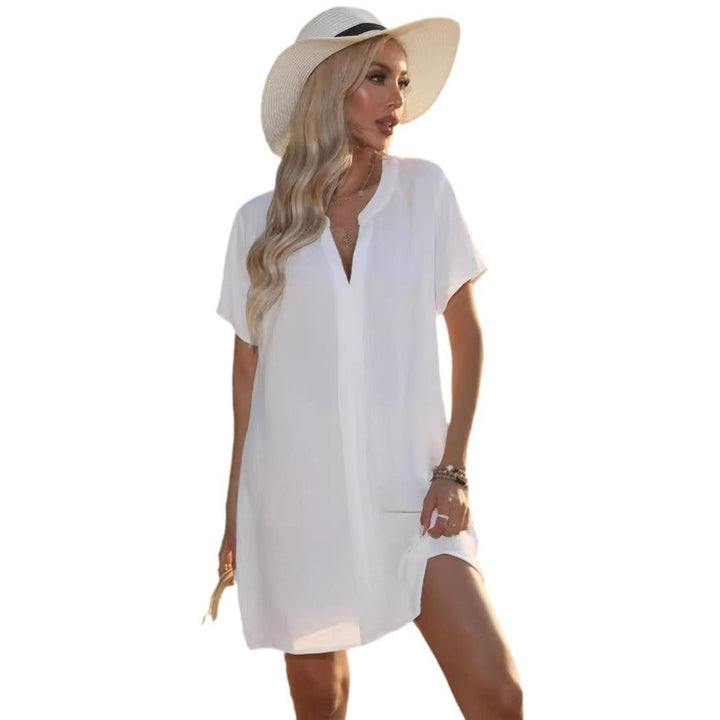 Dames Casual V-hals Tunic Jurk Korte Mouwen