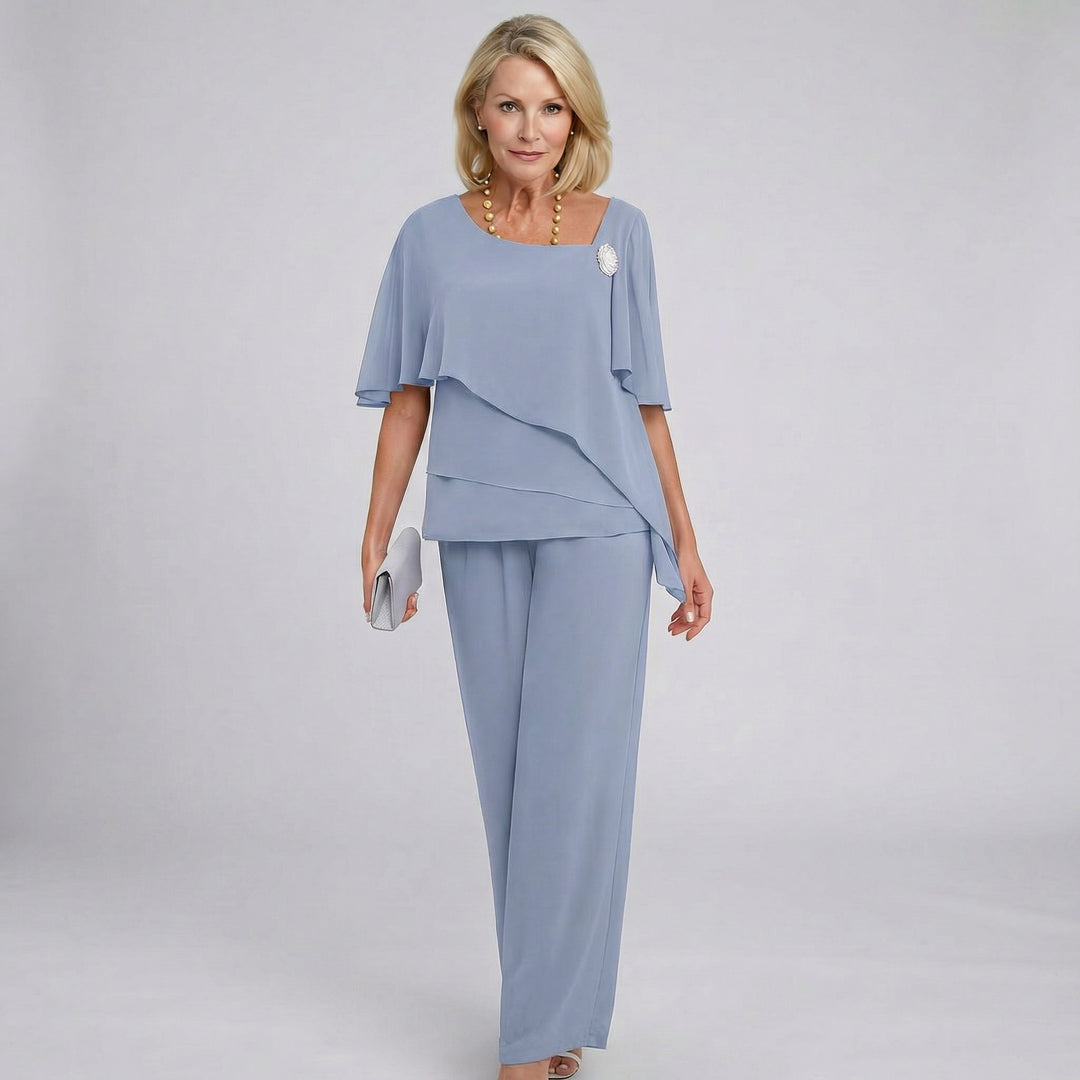 Dames Chiffon Cape Mouwen Two-piece Set Wide-Leg Broek - Grey-Blue
