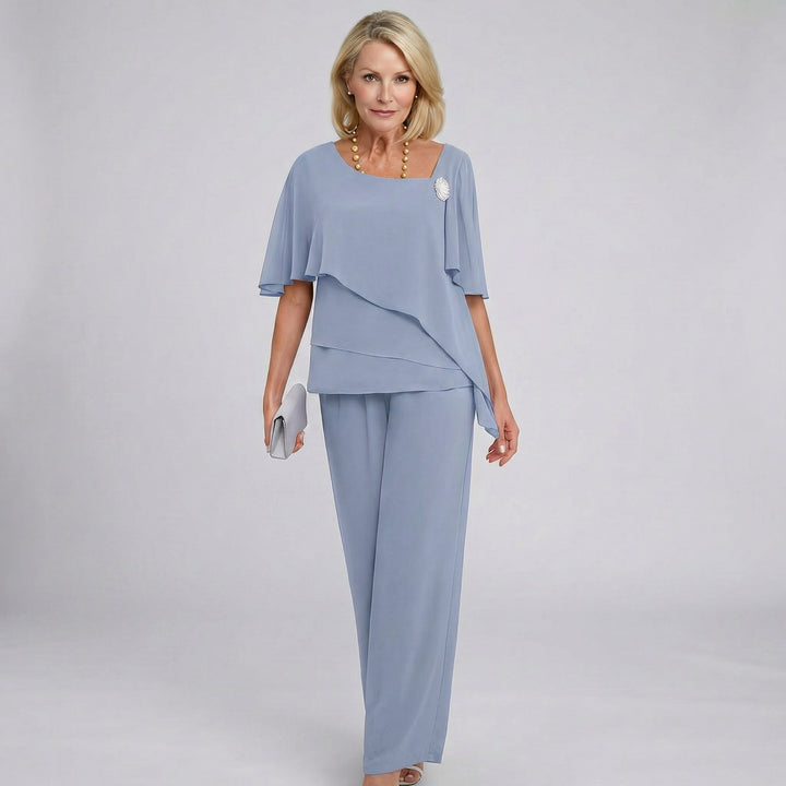 Dames Chiffon Cape Mouwen Two-piece Set Wide-Leg Broek - Grey-Blue