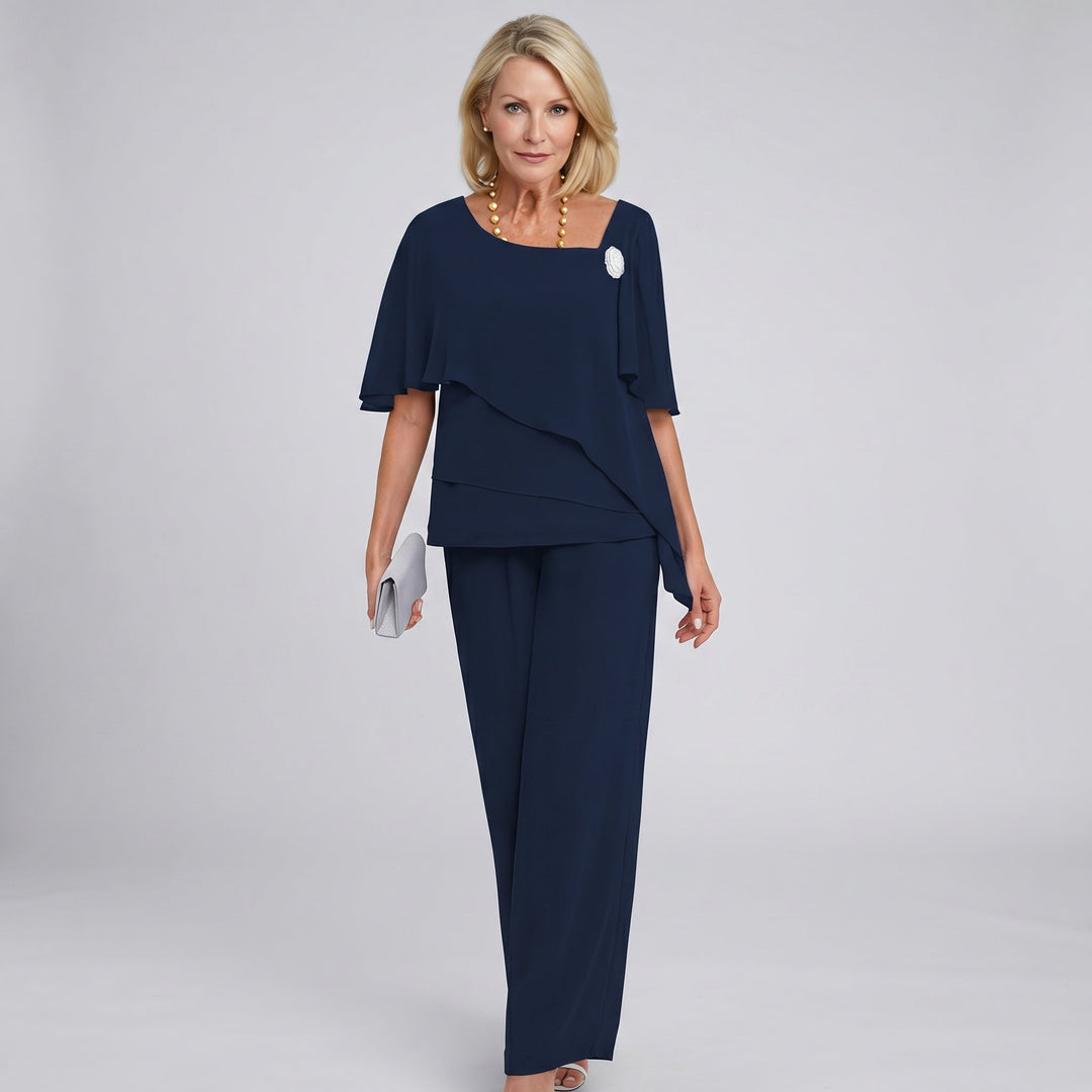 Dames Chiffon Cape Mouwen Two-piece Set Wide-Leg Broek - Navy Blue