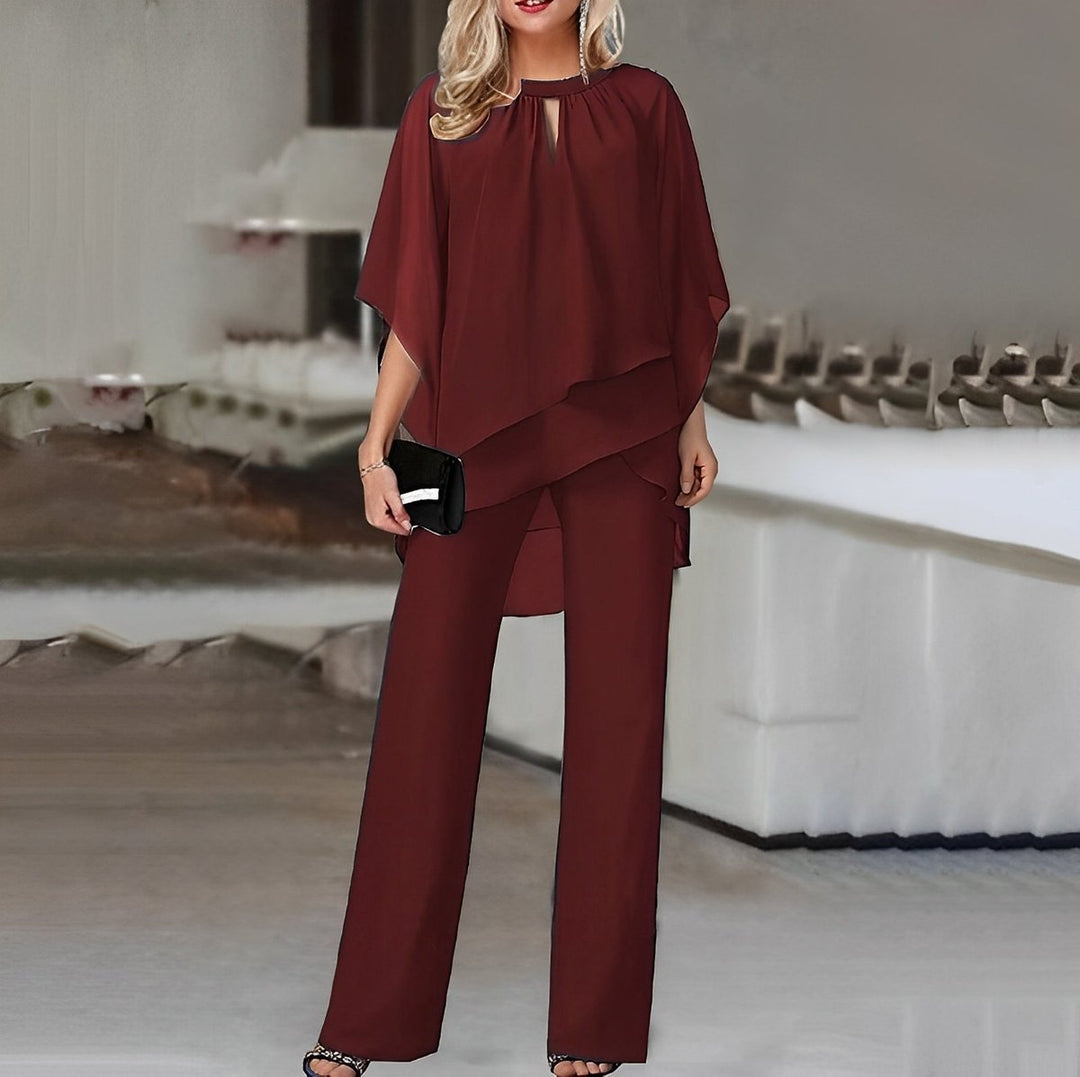 Dames Chiffon Gelaagde Wide Leg Pants Tweedelig Set - Wijnrood