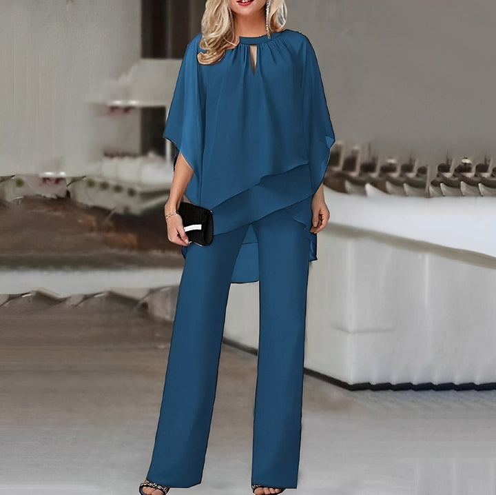Dames Chiffon Gelaagde Wide Leg Pants Tweedelig Set - Saffierblnau
