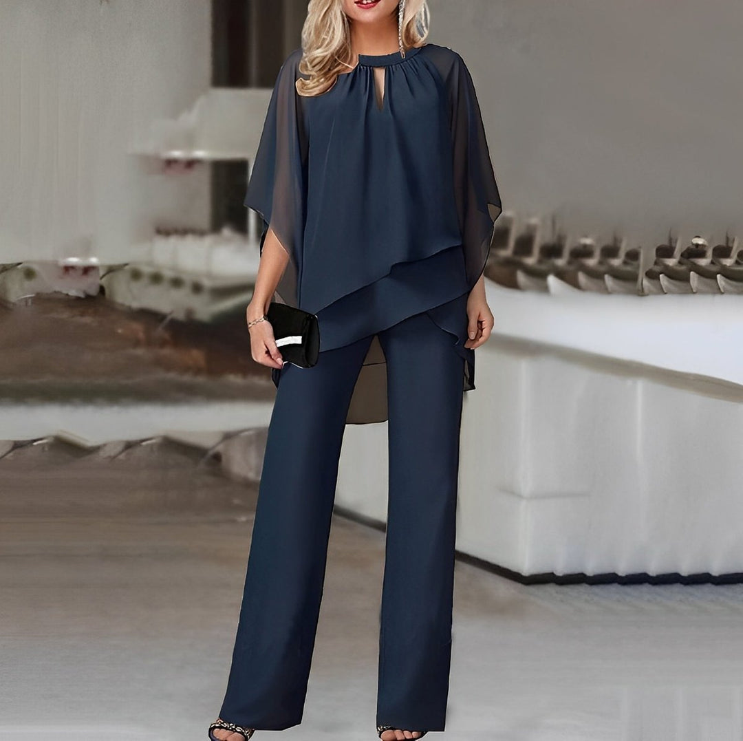Dames Chiffon Gelaagde Wide Leg Pants Tweedelig Set - Marineblauw