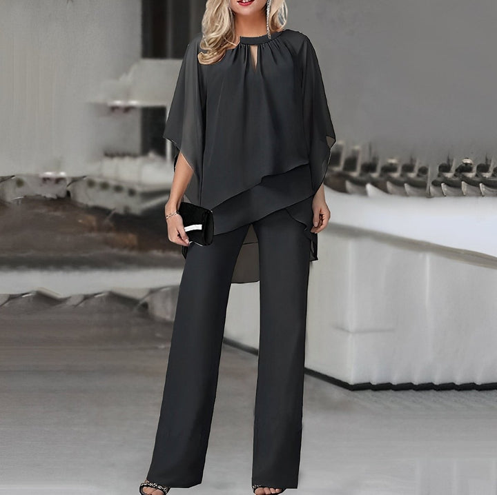 Dames Chiffon Gelaagde Wide Leg Pants Tweedelig Set - Zwart
