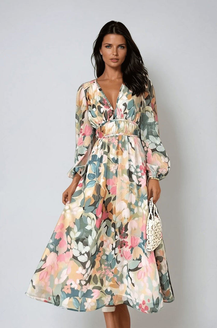 Dames Chiffon Midi Jurk met Bloemenprint V-hals Pofmouwen