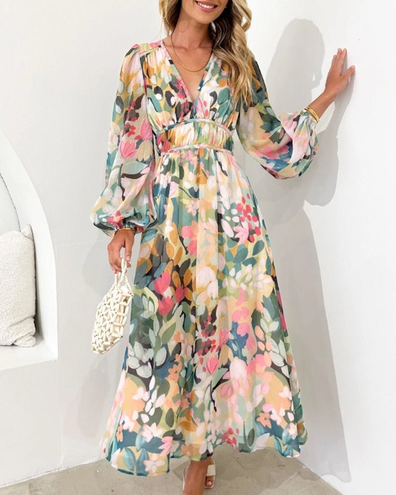 Dames Chiffon Midi Jurk met Bloemenprint V-hals Pofmouwen