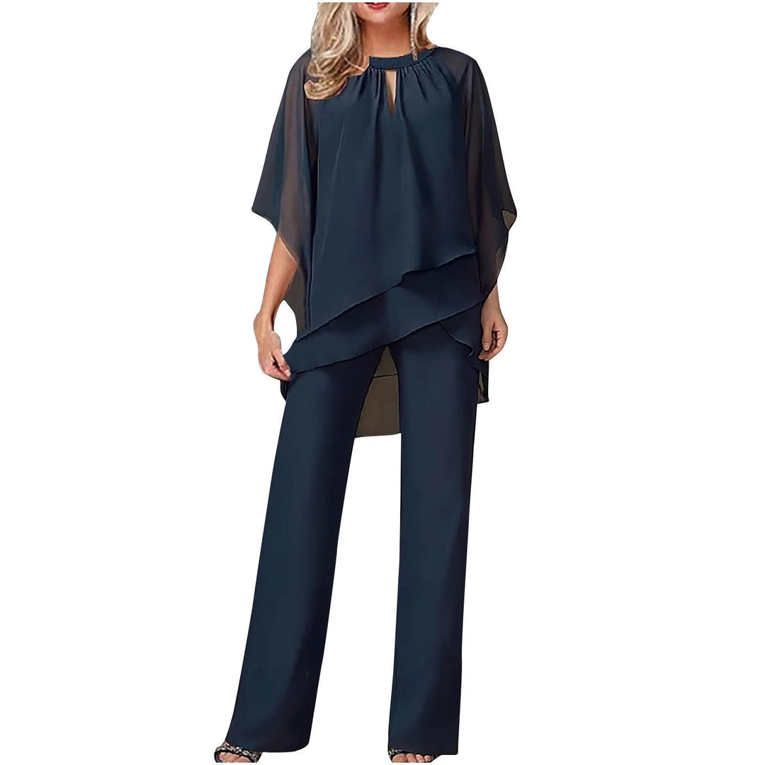 Dames Chiffon Overlay Vleermuis Wijdbeens Pantalon Set - Navy Blue