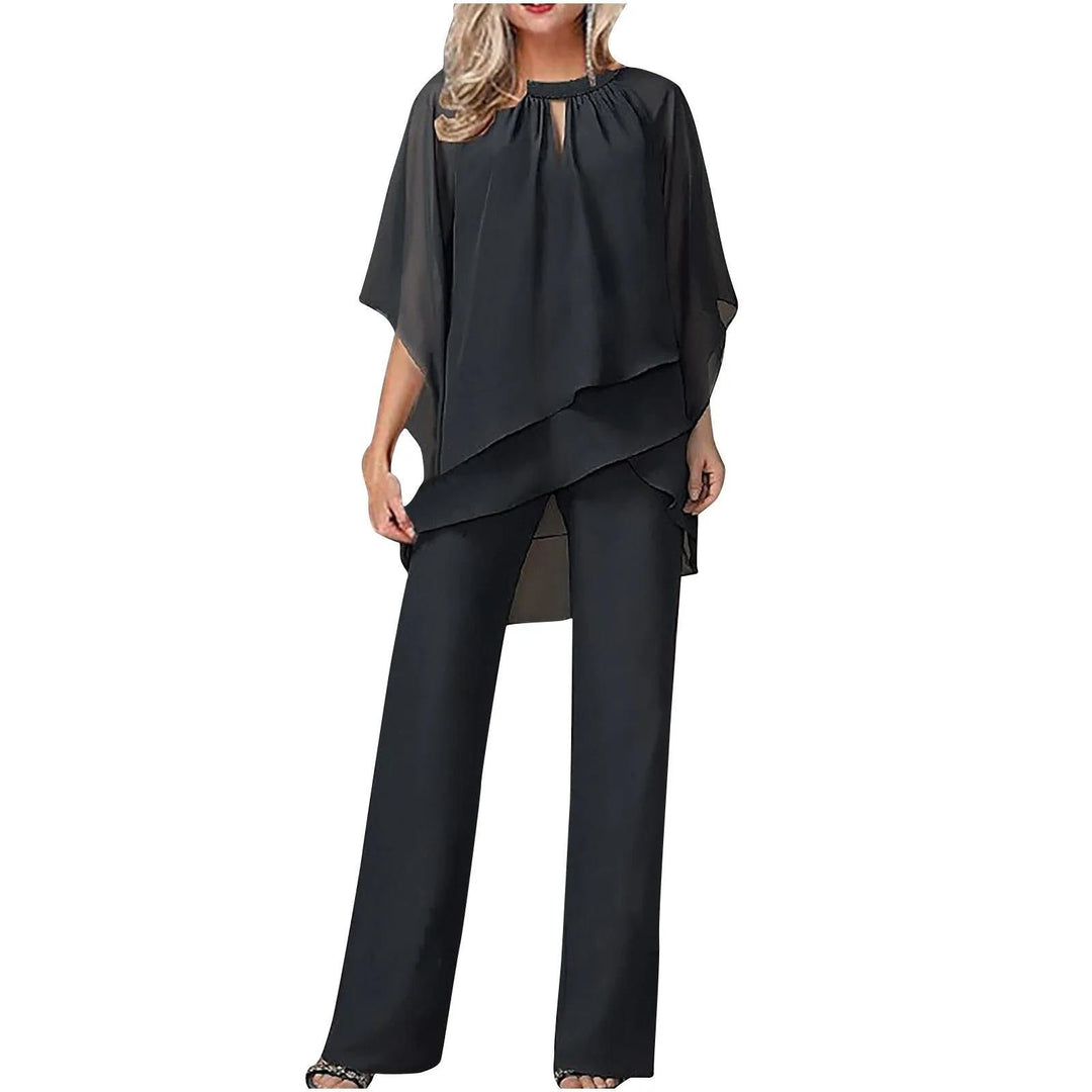 Dames Chiffon Overlay Vleermuis Wijdbeens Pantalon Set - Black