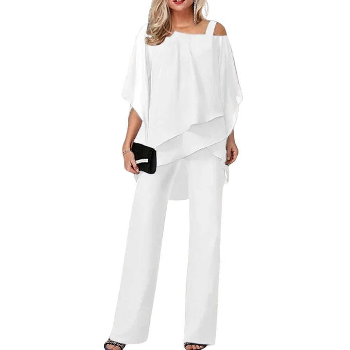Dames Chiffon Overlay Vleermuis Wijdbeens Pantalon Set - White