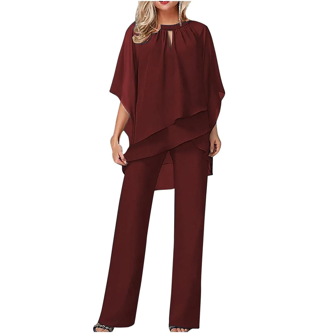 Dames Chiffon Overlay Vleermuis Wijdbeens Pantalon Set - Burgundy