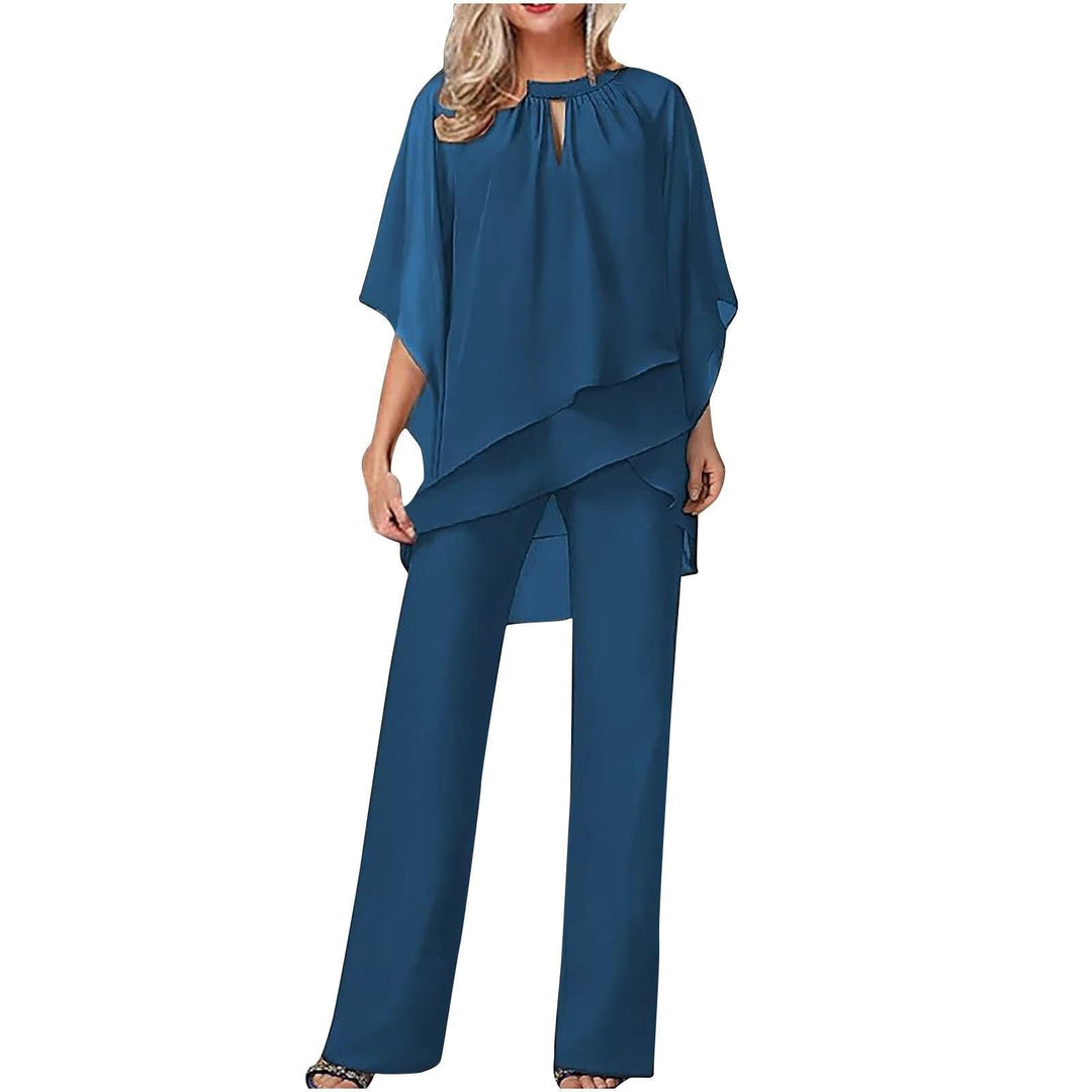Dames Chiffon Overlay Vleermuis Wijdbeens Pantalon Set - Royal Blue