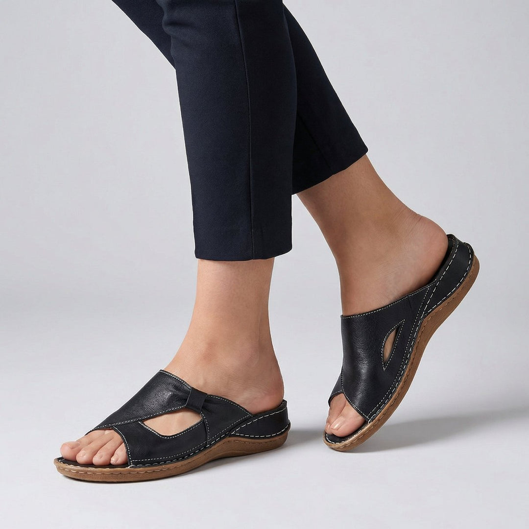 Dames Comfortabele Platte Muiltjes Sandalen Instapper Uitsnijding - Black