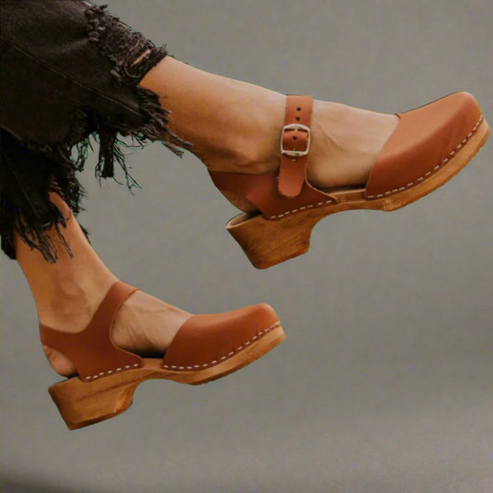 Dames Comfortabele Sandalen Gesloten Neus Houten Hak Enkelband Klompen - Brown