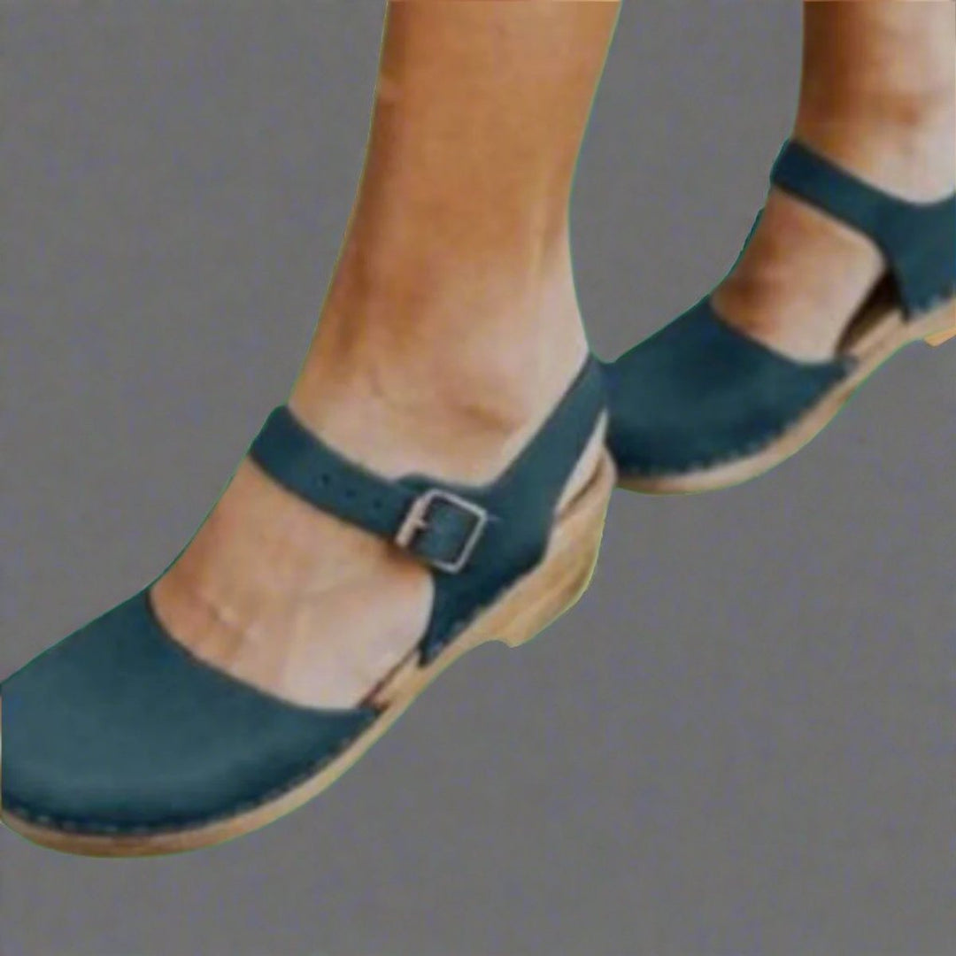 Dames Comfortabele Sandalen Gesloten Neus Houten Hak Enkelband Klompen - Blue