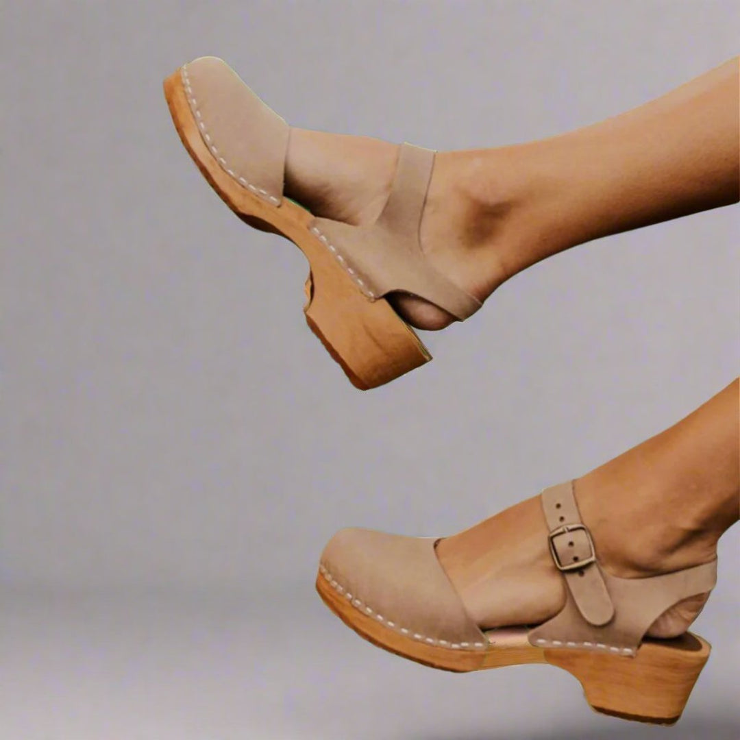 Dames Comfortabele Sandalen Gesloten Neus Houten Hak Enkelband Klompen - Beige