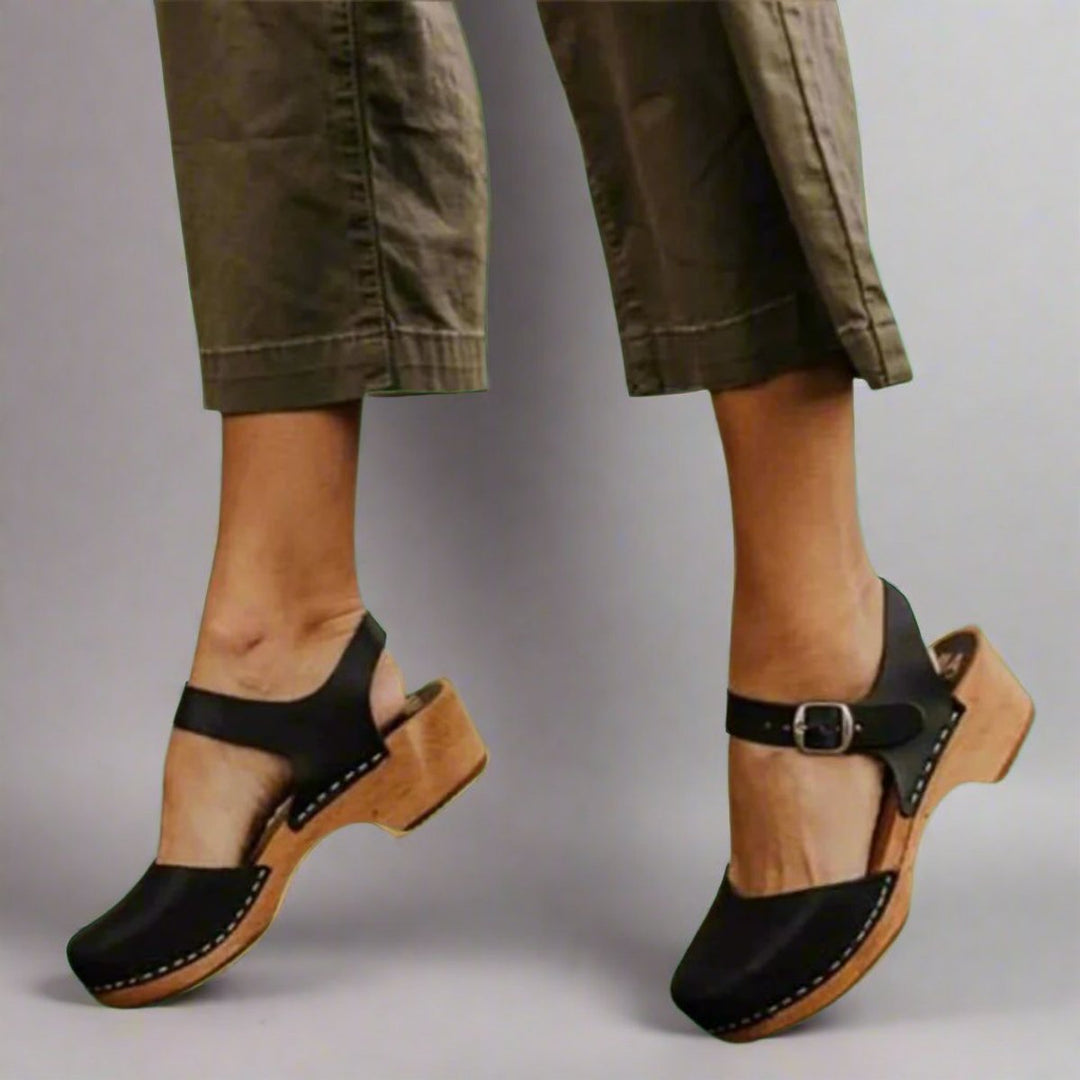 Dames Comfortabele Sandalen Gesloten Neus Houten Hak Enkelband Klompen - Black