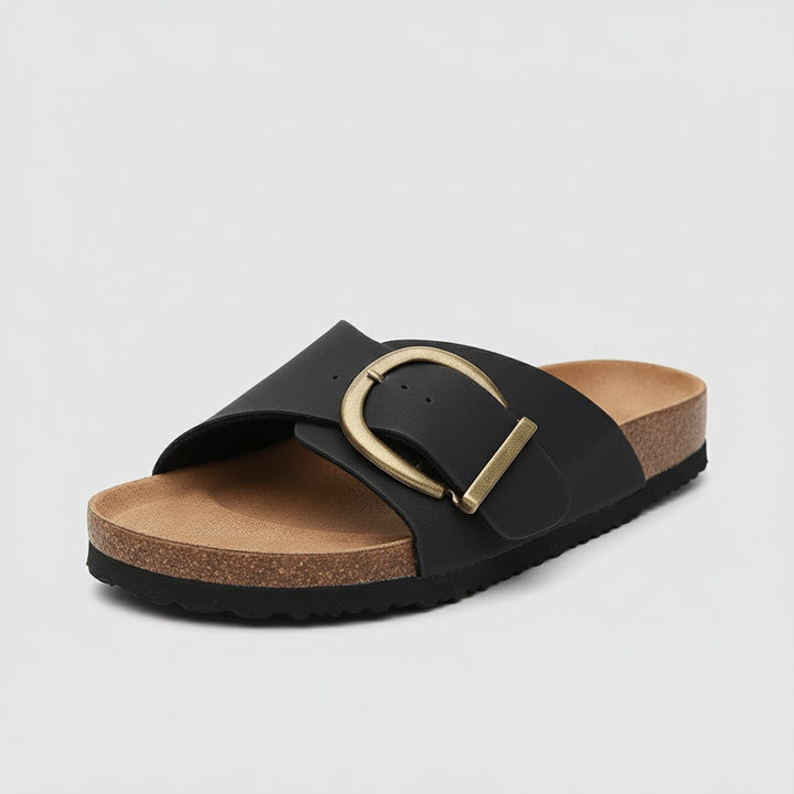 Dames Comfortable Sandals Brede Band Verstelbare Gesp Instappers - Midnight Black