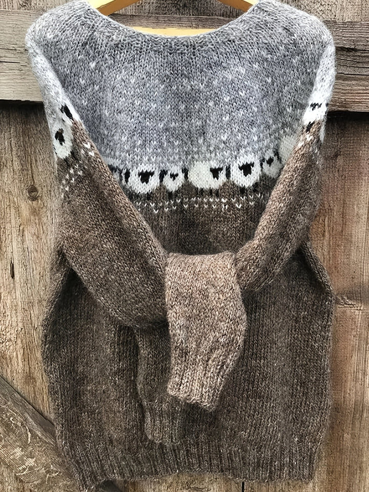 Dames Dikgebreide Schapenpatroon Jacquard Pullover Trui - Gray