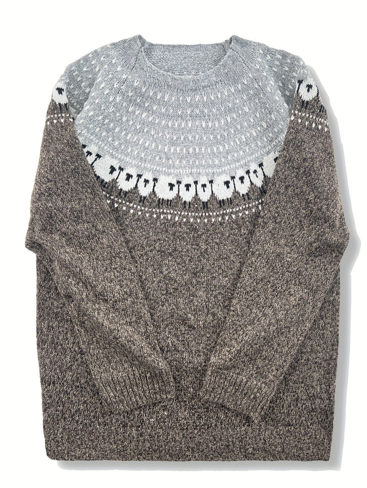 Dames Dikgebreide Schapenpatroon Jacquard Pullover Trui