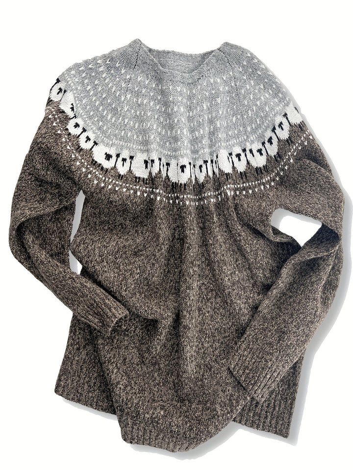 Dames Dikgebreide Schapenpatroon Jacquard Pullover Trui