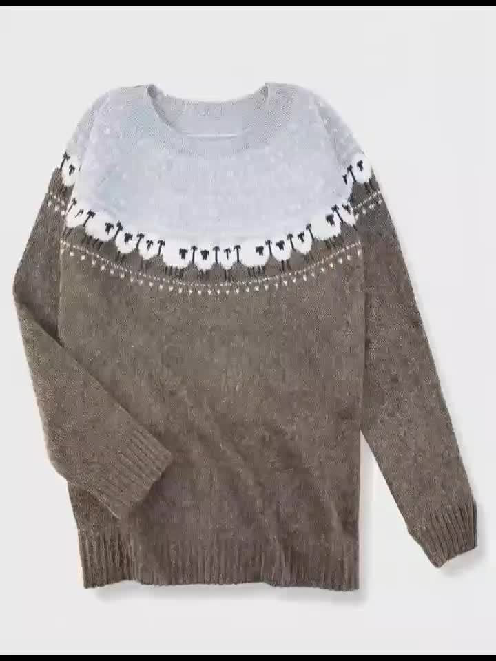 Dames Dikgebreide Schapenpatroon Jacquard Pullover Trui