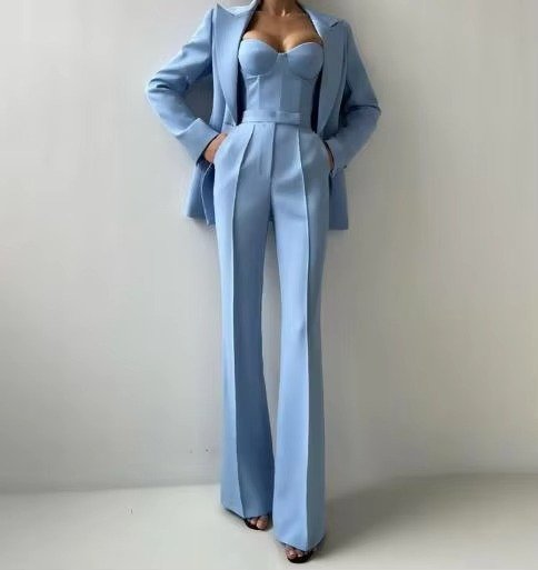 Dames Driedelige Blazer Set Corset Top Wijde Broek - Blue