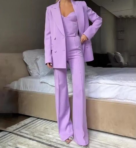 Dames Driedelige Blazer Set Corset Top Wijde Broek - Purple