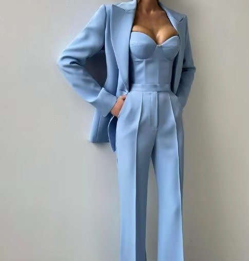 Dames Driedelige Blazer Set Corset Top Wijde Broek