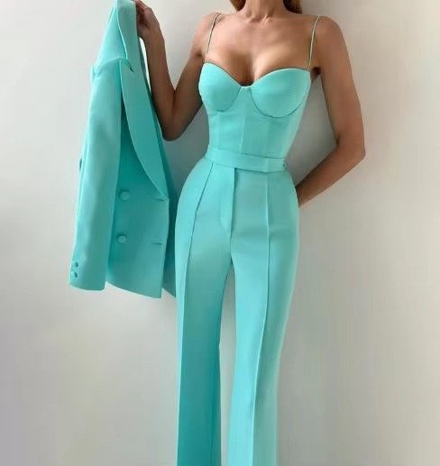 Dames Driedelige Blazer Set Corset Top Wijde Broek