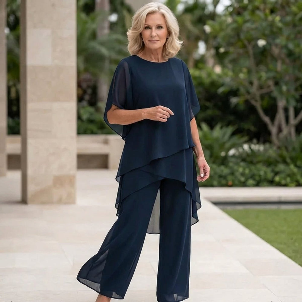 Dames Elegante Chiffon Gelaagde Broekpak Set - Blauw