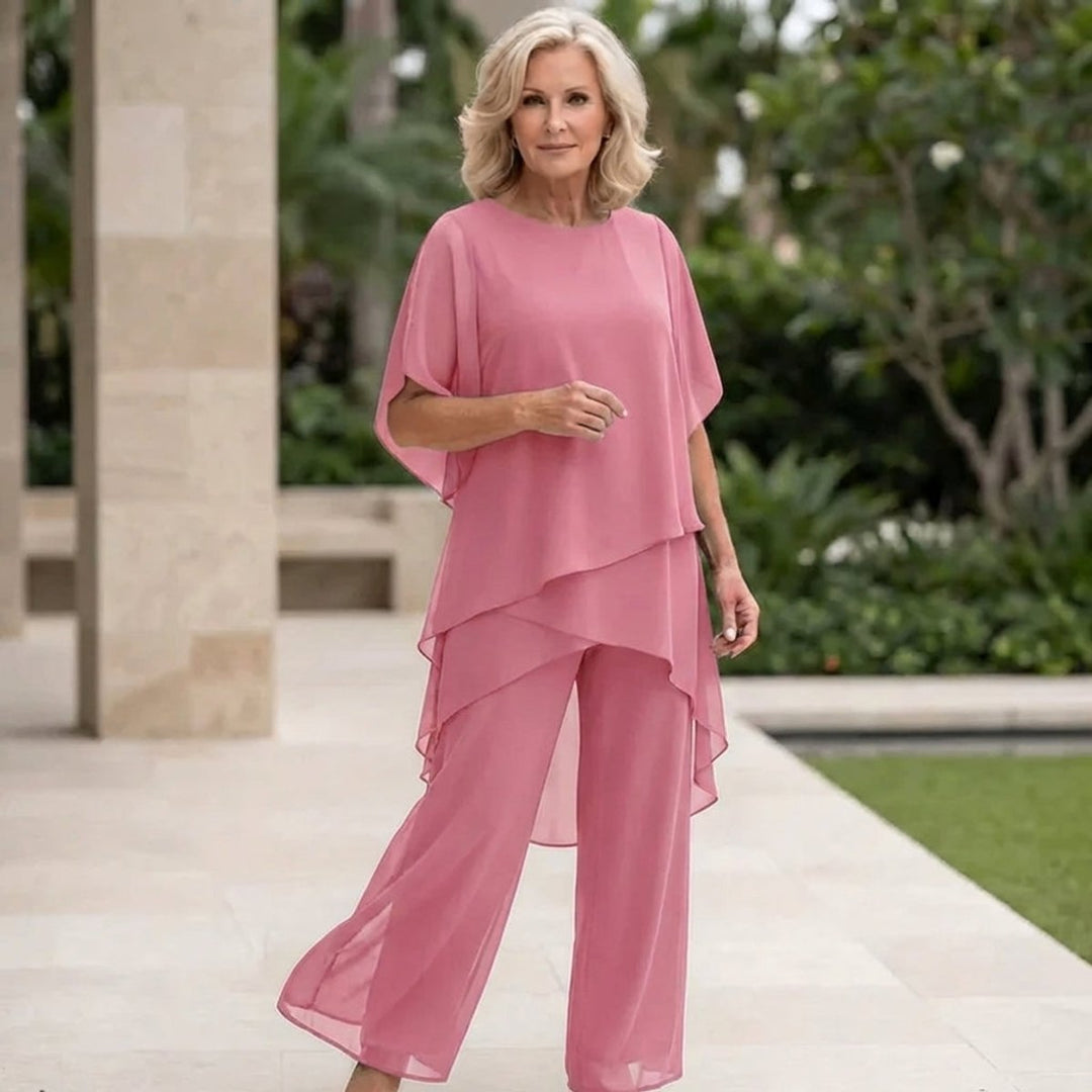 Dames Elegante Chiffon Gelaagde Broekpak Set - Roze