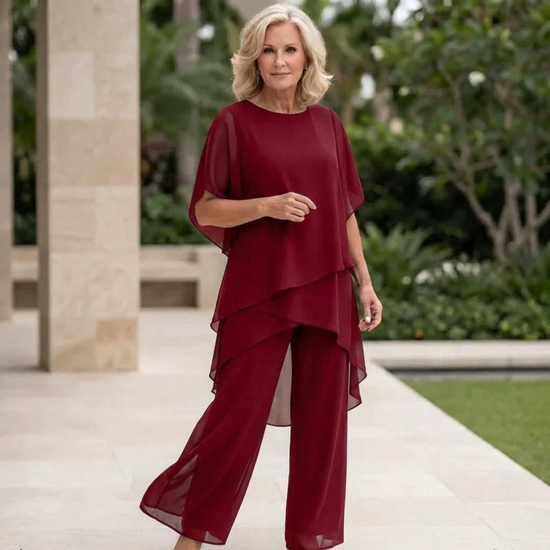 Dames Elegante Chiffon Gelaagde Broekpak Set - Rood