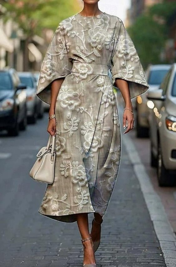 Dames Elegante Geborduurd Kimono Mouw Midi Jurk - Beige