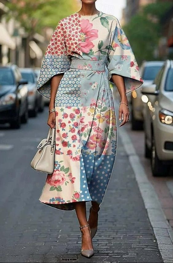 Dames Elegante Geborduurd Kimono Mouw Midi Jurk - Light Blue