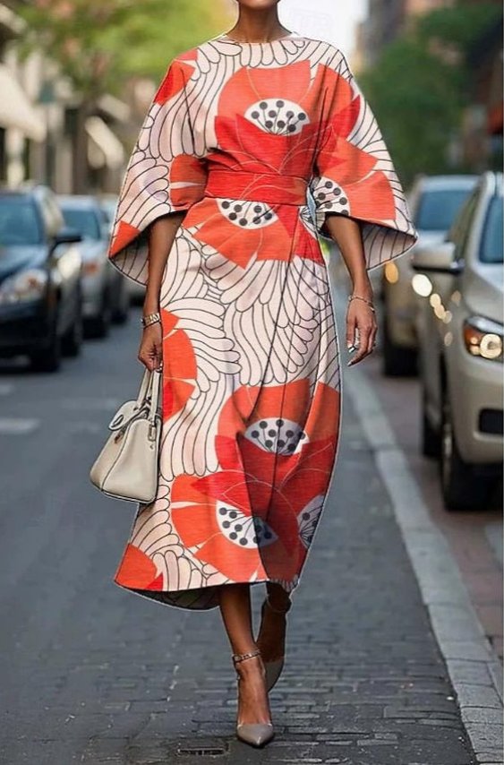 Dames Elegante Geborduurd Kimono Mouw Midi Jurk - Orange