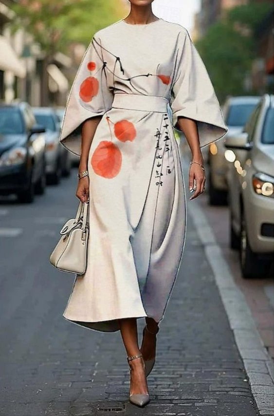 Dames Elegante Geborduurd Kimono Mouw Midi Jurk - Off White