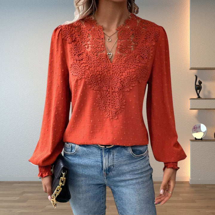 Dames Elegante Kanten V-hals Blouse Lange Mouwen - Terracotta