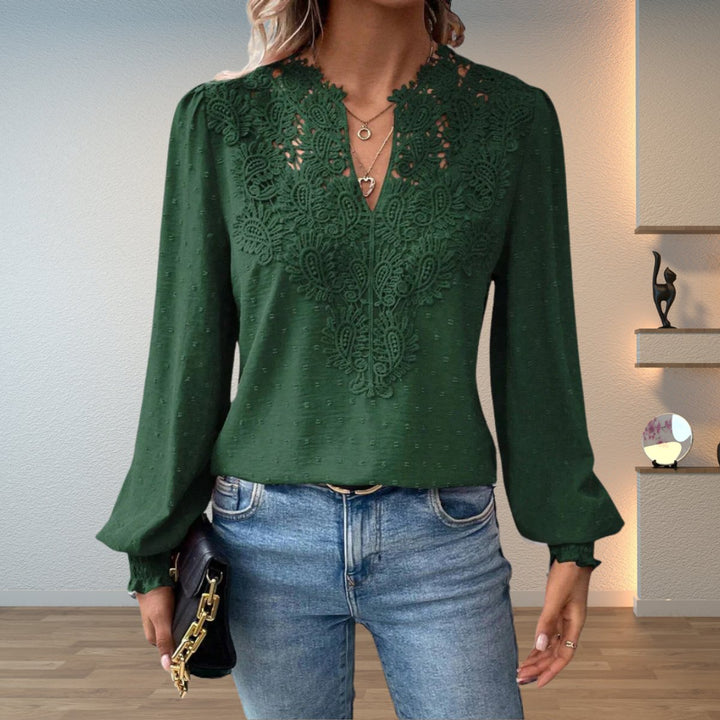 Dames Elegante Kanten V-hals Blouse Lange Mouwen - Donkergroen