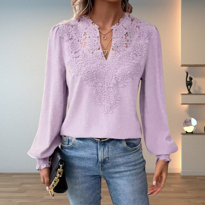 Dames Elegante Kanten V-hals Blouse Lange Mouwen - Lichtpaars