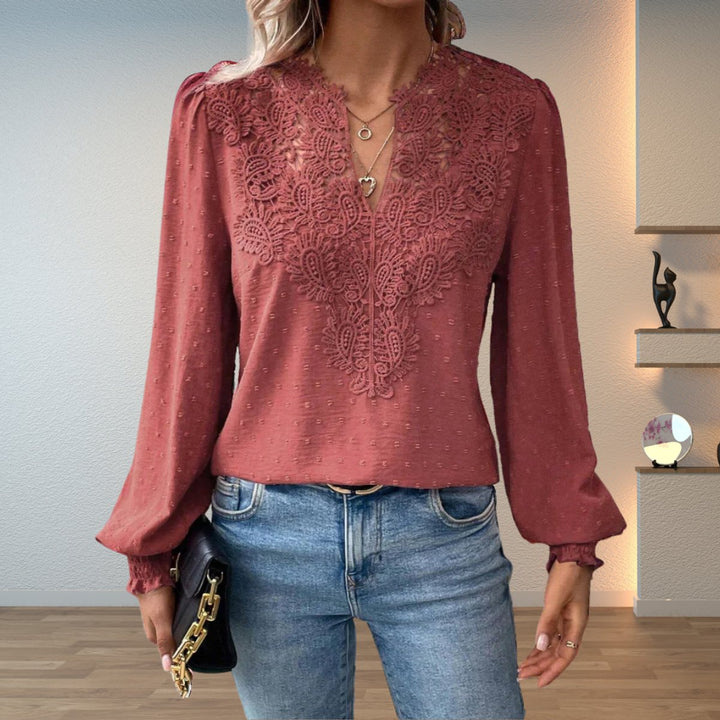Dames Elegante Kanten V-hals Blouse Lange Mouwen - Stoffig Roze