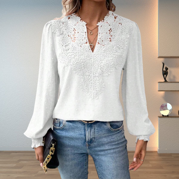 Dames Elegante Kanten V-hals Blouse Lange Mouwen - Wit