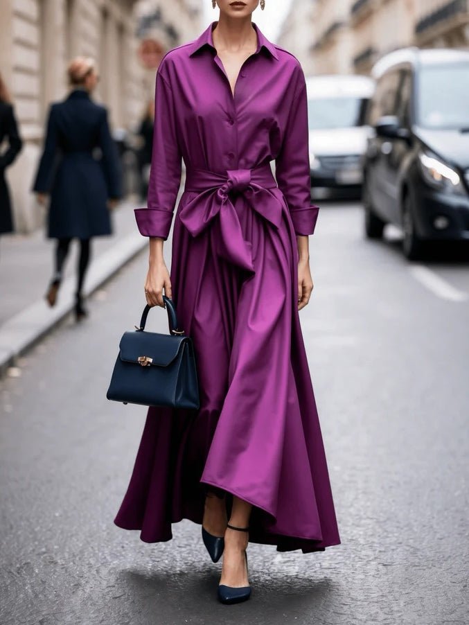 Dames Elegante Lange Mouw Maxi Blousejurk met Strikceintuur - Purple