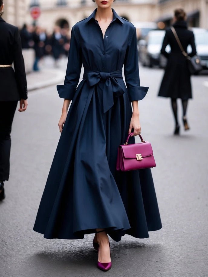 Dames Elegante Lange Mouw Maxi Blousejurk met Strikceintuur - Navy