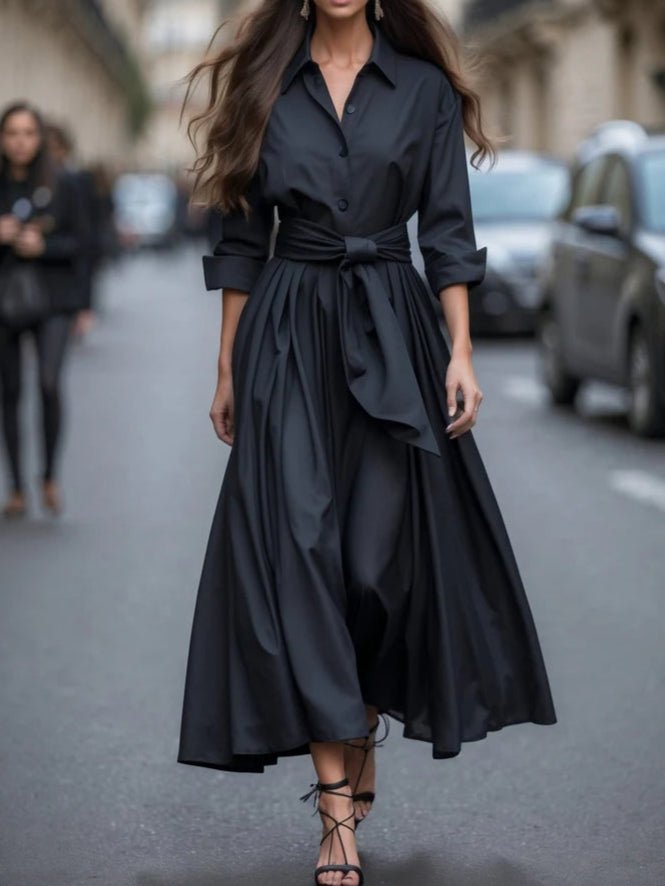 Dames Elegante Lange Mouw Maxi Blousejurk met Strikceintuur - Black