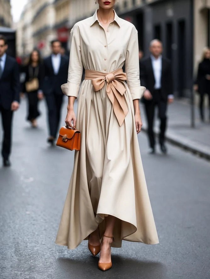 Dames Elegante Lange Mouw Maxi Blousejurk met Strikceintuur - Beige