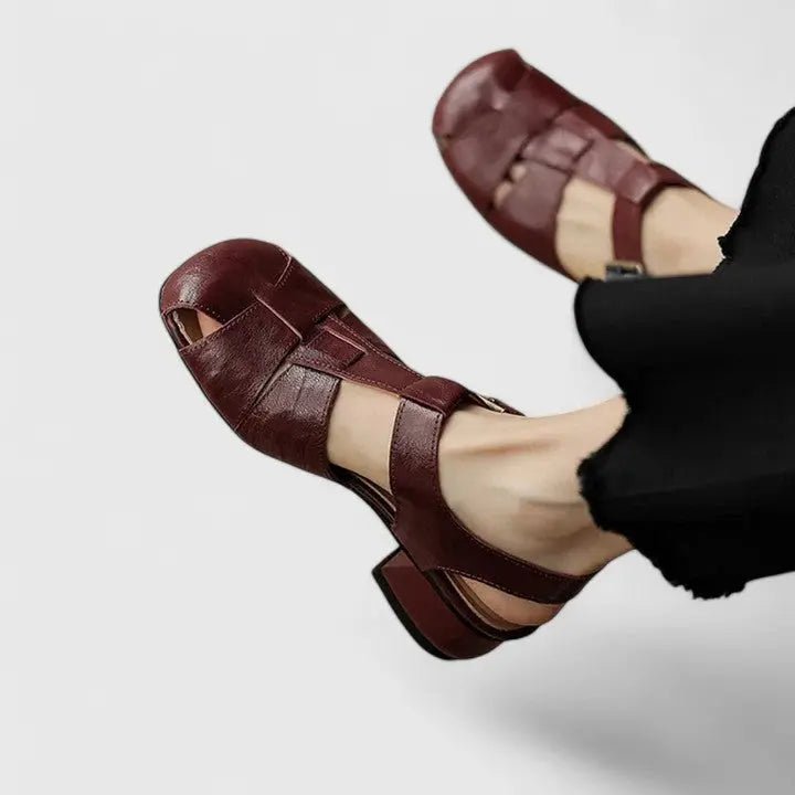 Dames Elegante Leren Blokhak Sandalen Vierkante Neus