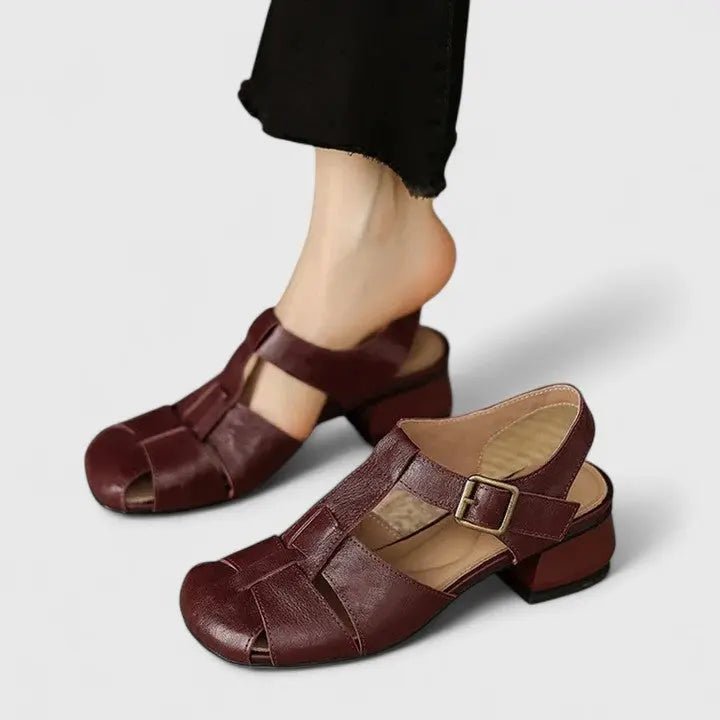 Dames Elegante Leren Blokhak Sandalen Vierkante Neus - Brown
